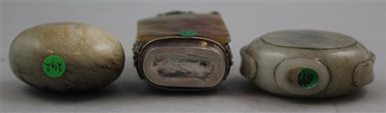 Three Chinese pale grey jade snuff bottles, 1850-1940, Richards no.s 449, 242 and 447